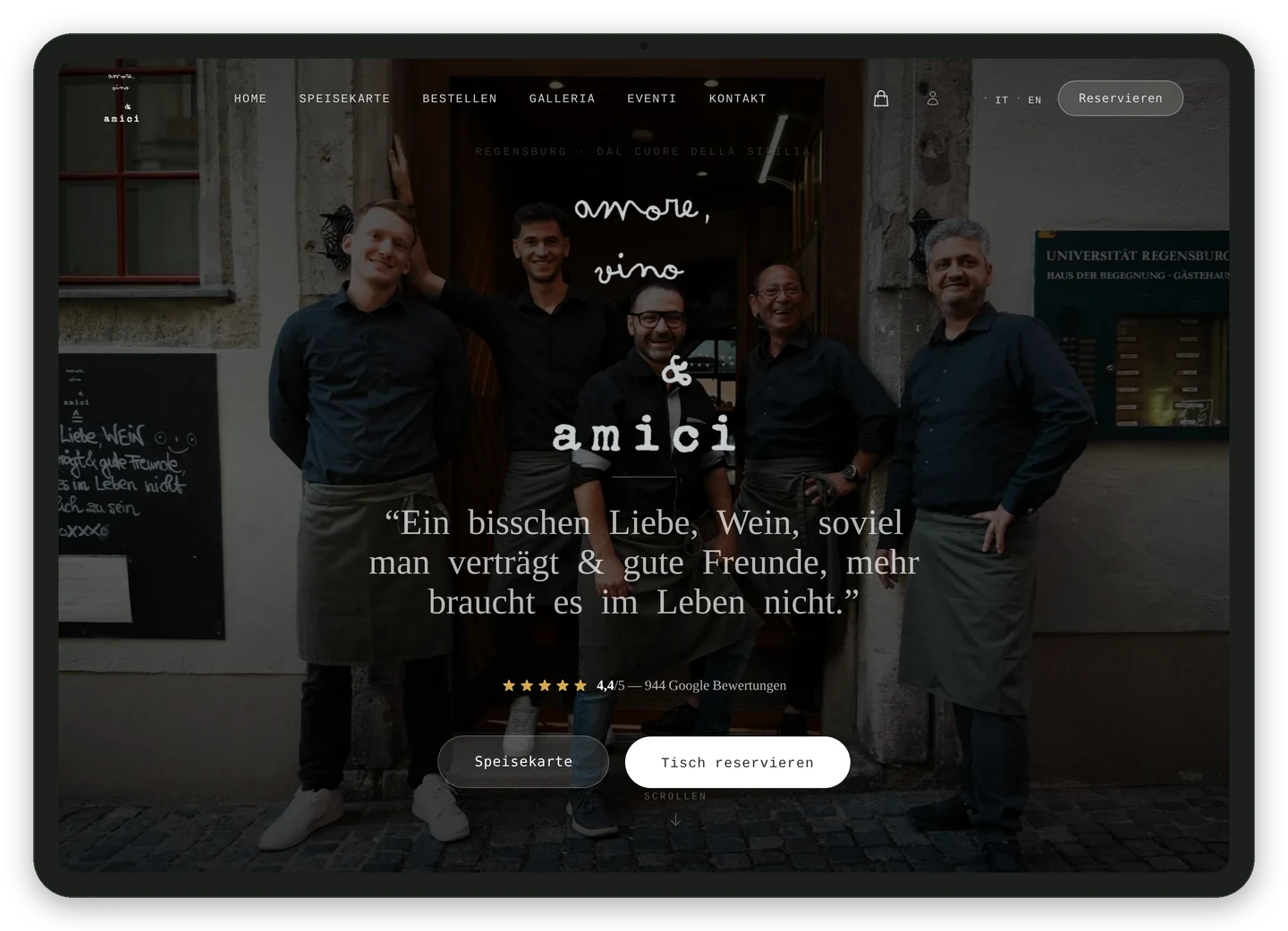 Mit Riservati gebaute Restaurant-Website mit Buchungs-Widget